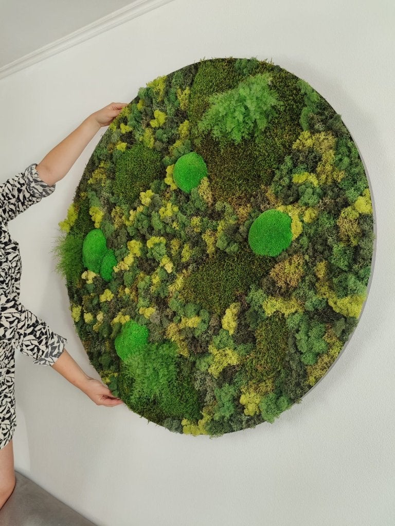 Handgemaakt rond mosschilderij / moscirkel 100cm, Groen, Geluiddempend, Nieuw, 100 cm