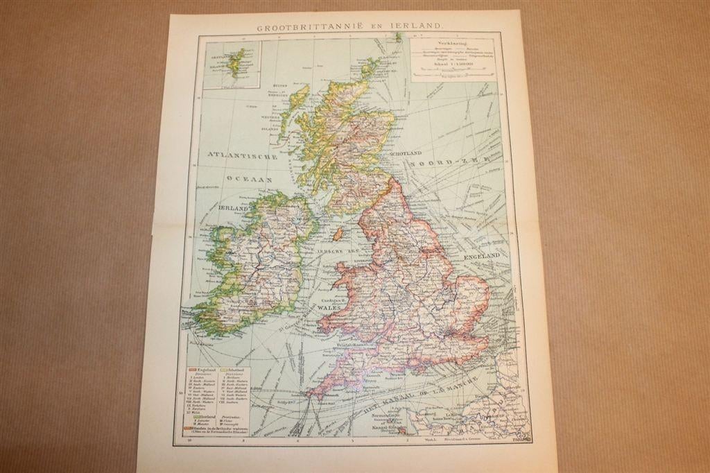 Antieke kaart - Groot-Brittannië en Ierland - Ca 1900, Boeken, Atlassen en Landkaarten, 1800 tot 2000, Europa Overig, Ophalen of Verzenden
