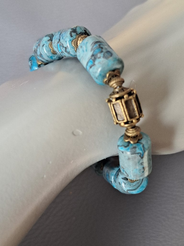 870 edelsteen armband Blue Lace Agaat 14x10mm, Blauw, Nieuw, Ophalen of Verzenden, Elastiek