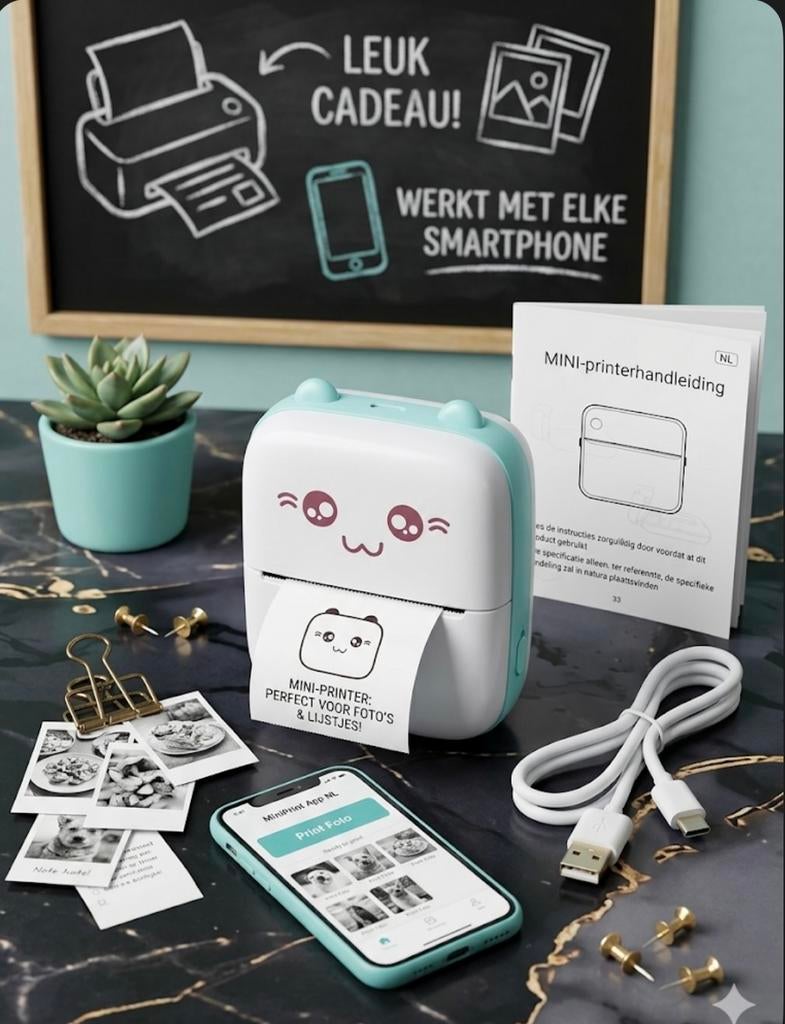 Schattige Mini Pocket Printer - Compact & Draadloos + 4 Roll, Ophalen of Verzenden, Nieuw