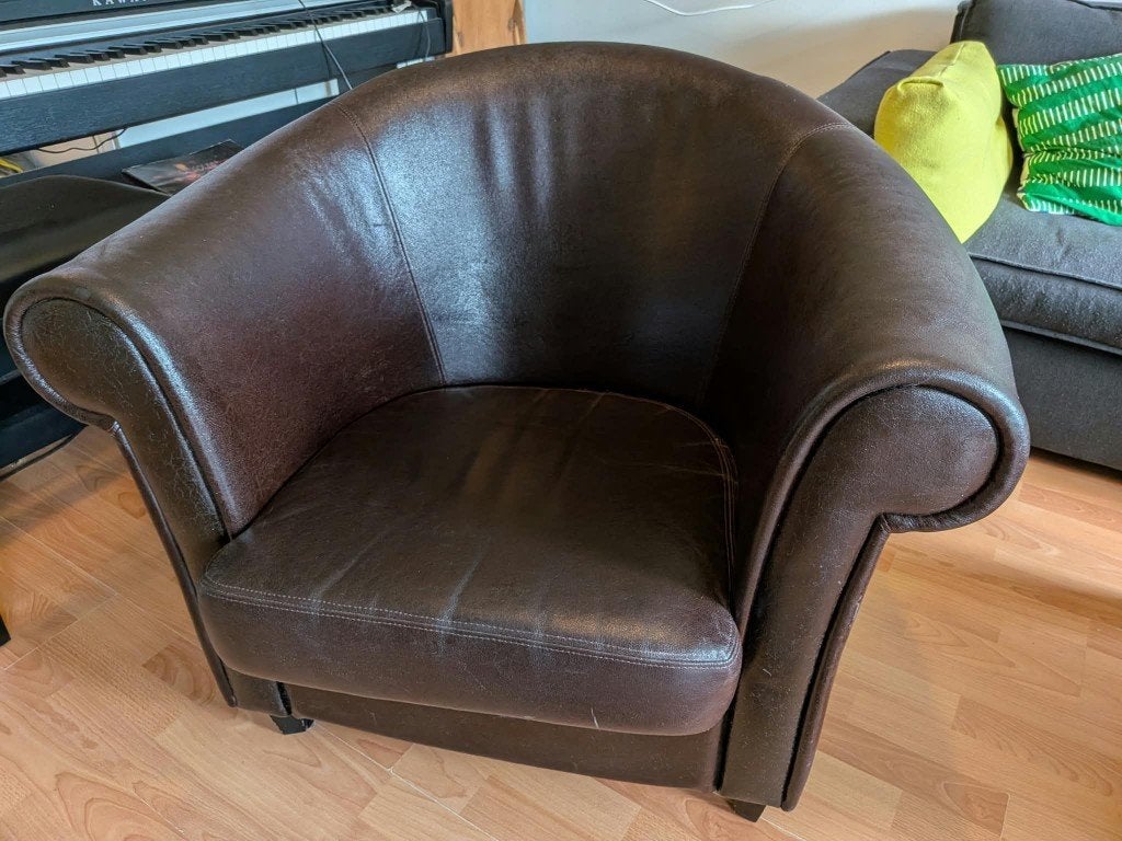 Twee leren fauteuils, Ophalen, Gebruikt, 50 tot 75 cm, Leer