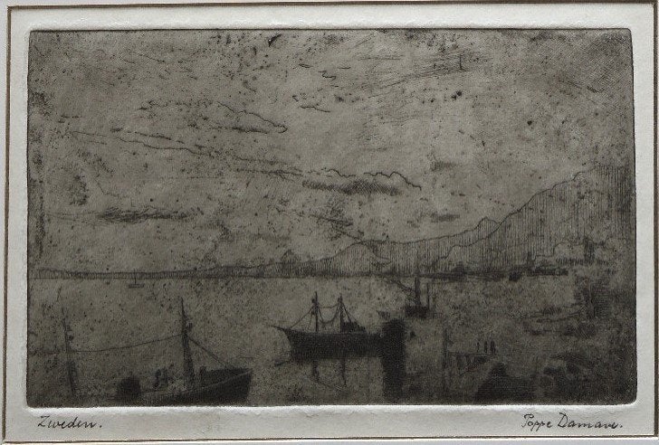Poppe Damave "Zweden", zwarte inkt, gesigneerd, Ophalen, Gesigneerd, Landschap, 1950 - 1999