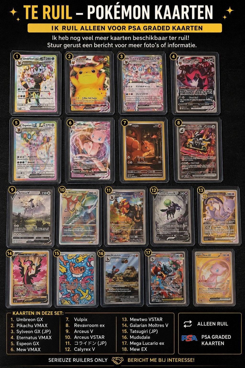 Pokémon Kaarten - Ruilen voor PSA Graded Kaarten, Ophalen of Verzenden, Zo goed als nieuw, Meerdere kaarten