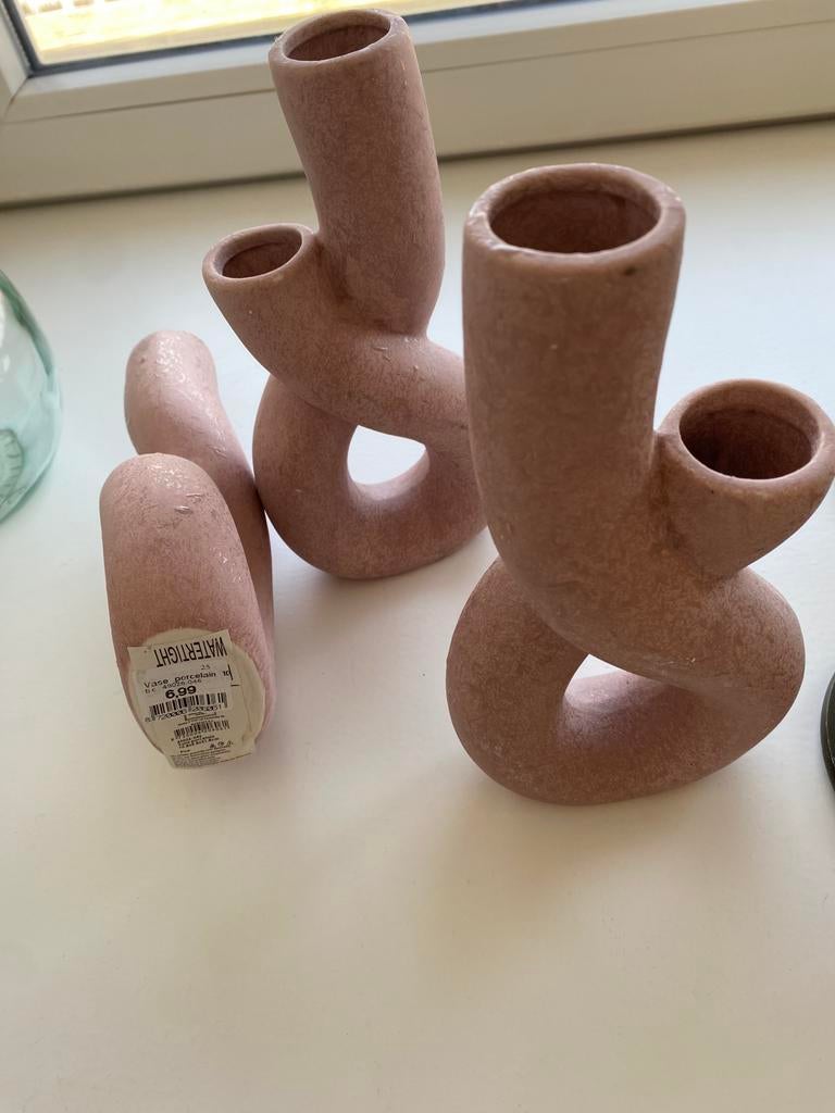 Set van 3 roze gedraaide vazen - modern design, Overige kleuren, Aardewerk of Porselein, Ophalen of Verzenden, Zo goed als nieuw