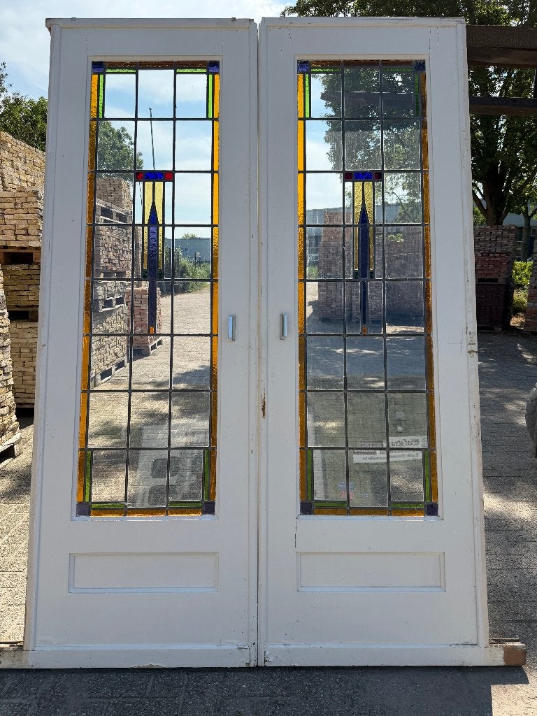 Set schuif / en-suite deuren met glas in lood 215x145cm., Antiek en Kunst, Curiosa en Brocante, Ophalen