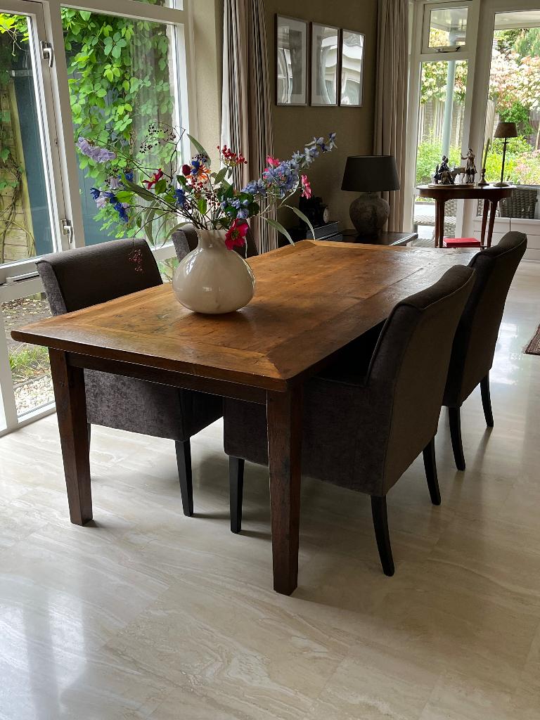 Teakhouten eetkamertafel met bijpassende stoelen, Ophalen, Gebruikt, Antieke look, 4 tot 6 stoelen