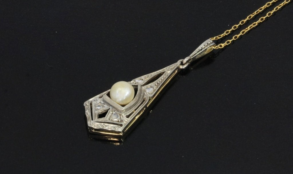 Diamanten Art Deco antieke 14k gouden hanger ketting parels, Verzenden, Goud, Hanger, Met edelsteen