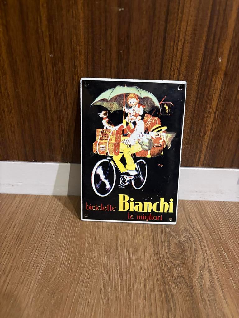 Emaille bord Bianchi Biciclette - Vintage fietsreclame, Verzamelen, Ophalen of Verzenden, Gebruikt, Reclamebord