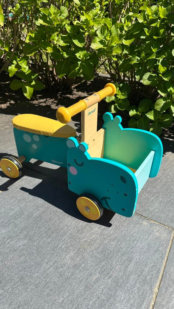 Janod Bakfiets Nijlpaard - Houten Loopfiets met Opbergruimte, Ophalen, Zo goed als nieuw, Loopfiets