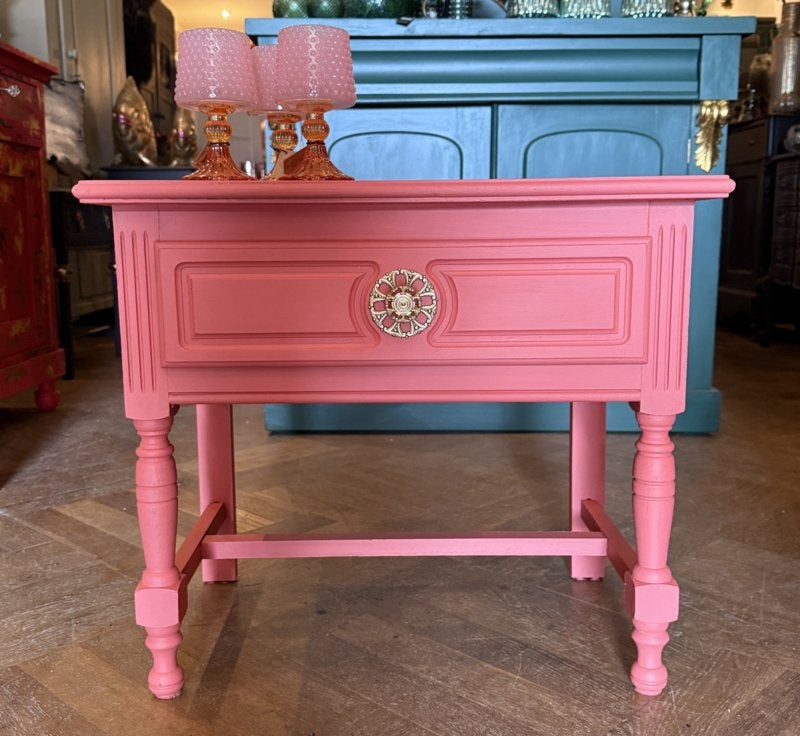 Vintage ladekastje, klein oud kastje, Coral nachtkastje VdlM, Huis en Inrichting, Ophalen, Brocante tafeltje met lade, halmeubeltje, bedtafel kast