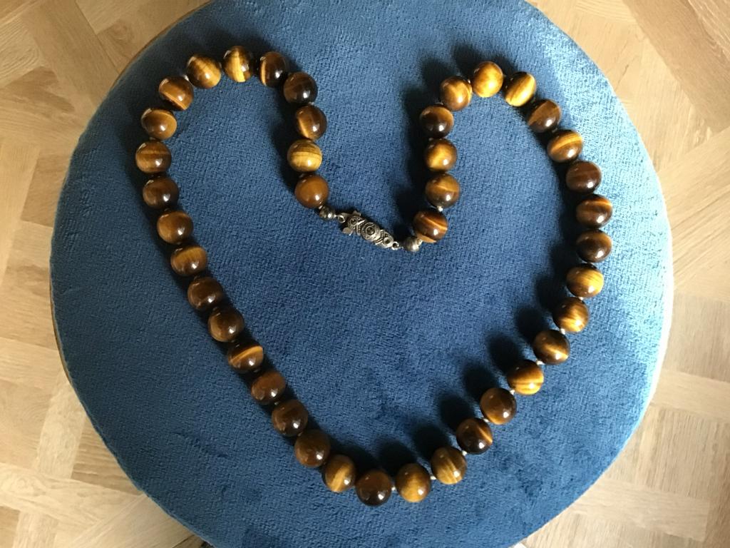 Tijgeroog collier,tijgeroog ketting 47 cm zilver slot 835, Ophalen, Zo goed als nieuw, Bruin, Zilver