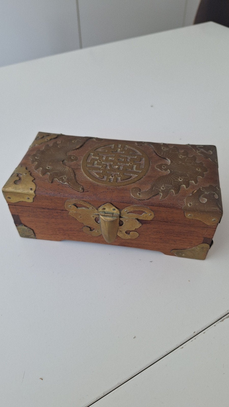 Antieke houten doos met messing beslag, Antiek en Kunst, Ophalen of Verzenden