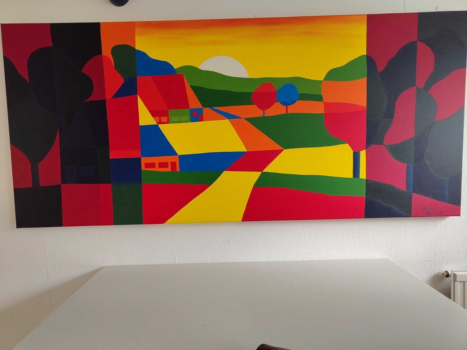 Kleurrijk Landschap Schilderij - Casper Bentsink, Antiek en Kunst, Acrylverf, Gesigneerd, Textiel, Landschap