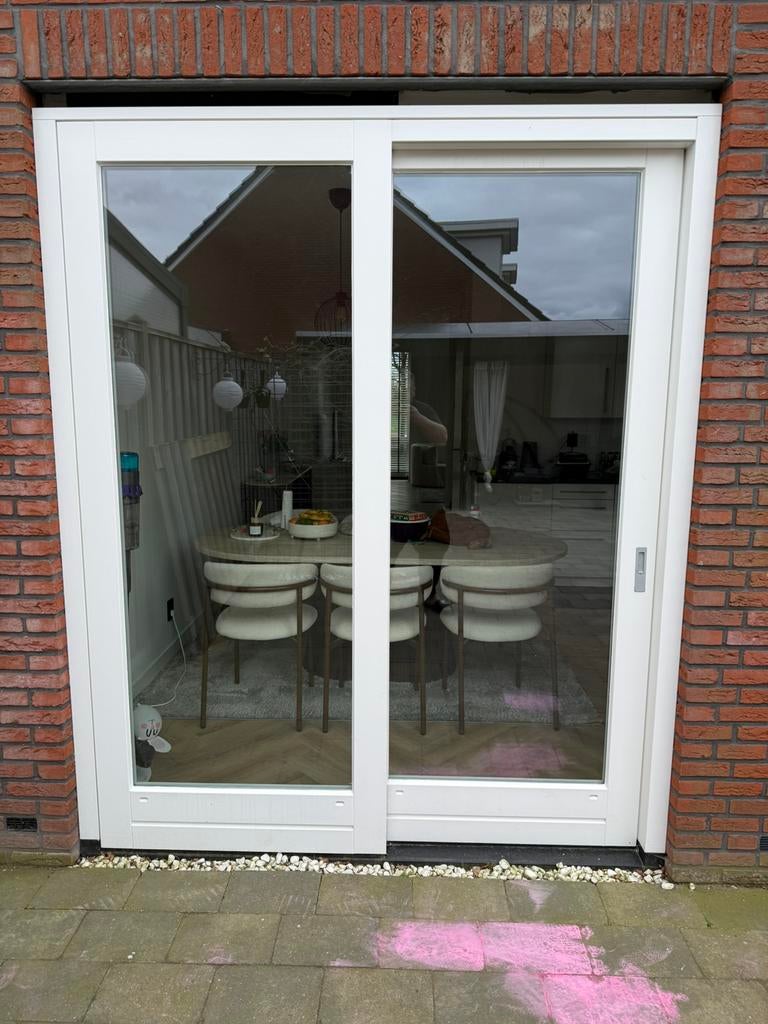 Schuifpui houten wit met HR ++ glas, Ophalen, Gebruikt, 150 tot 225 cm, Inclusief glas