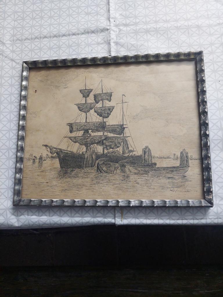Antieke ets van zeilschip in lijst, Antiek en Kunst, Ophalen