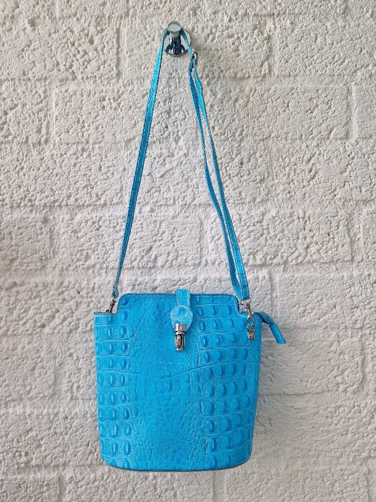 Leren croco tas blauw crossbody Italy borse in pelle, Ophalen of Verzenden, Blauw, Schoudertasje