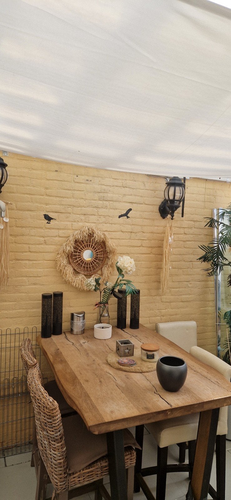 Robuuste H & H eiken boomstam hoge eettafel met metalen ond, Ophalen, 50 tot 100 cm, Zo goed als nieuw, Vijf personen of meer