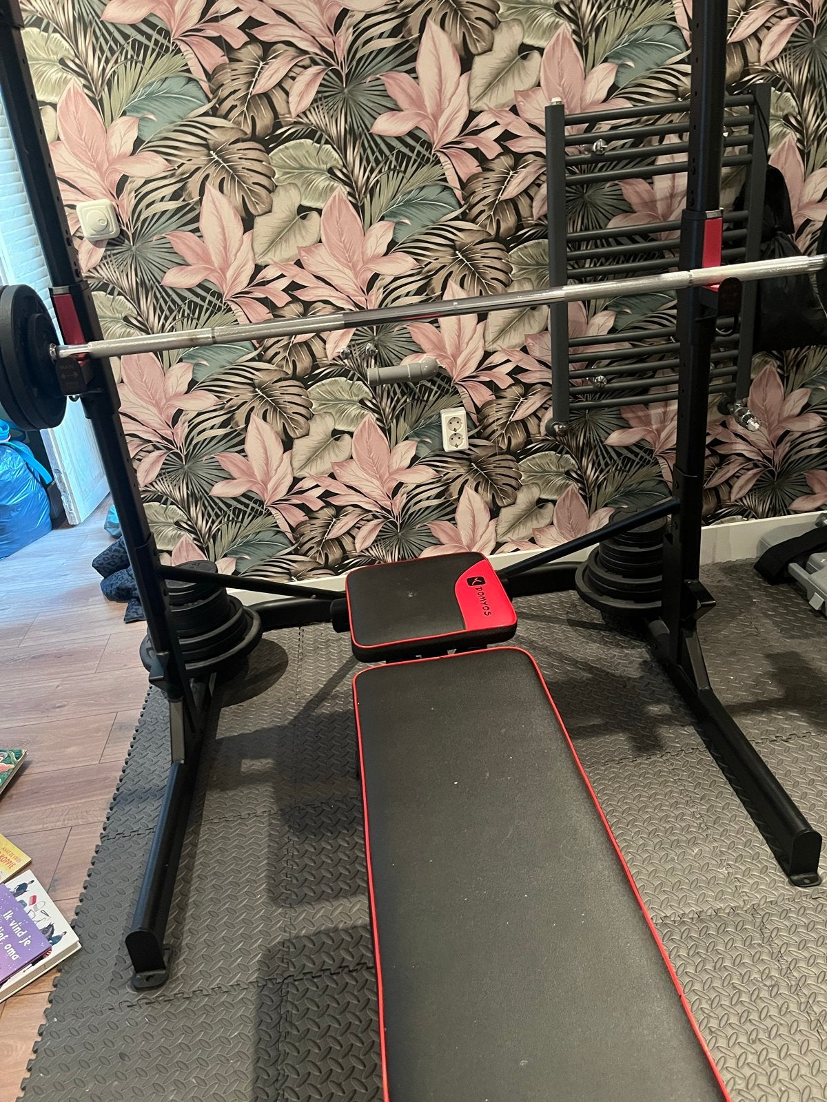 Squad rek, halterstang, bankje met gewichten. Merk domyos, Ophalen, Gebruikt, Fitnessbank