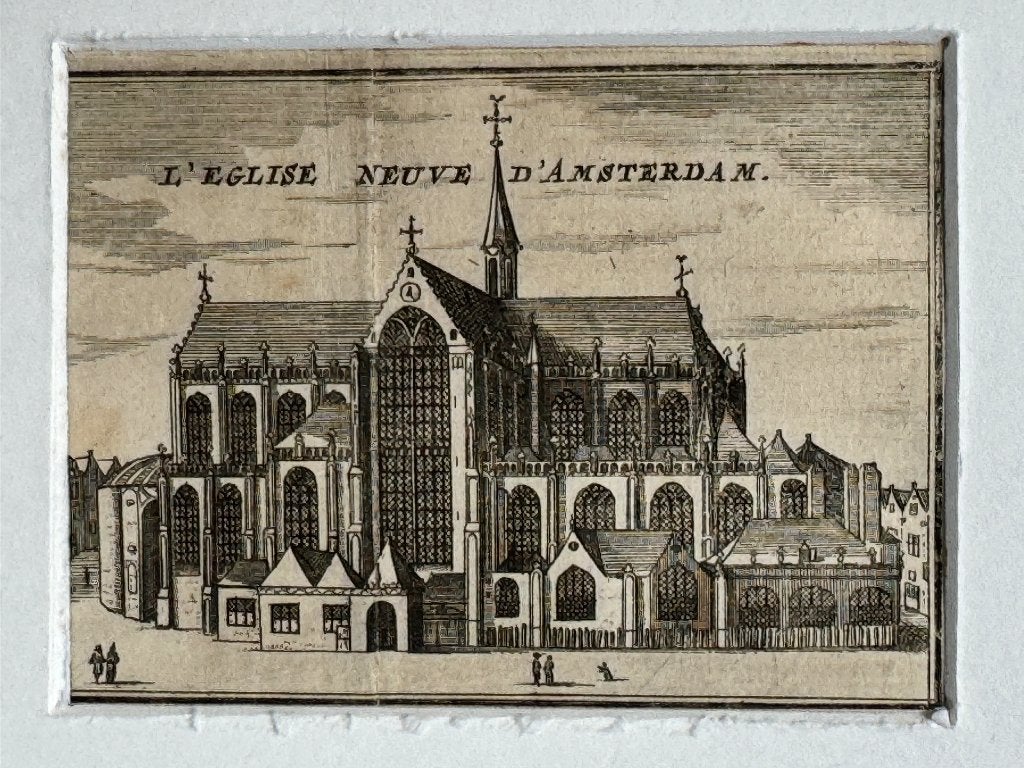 1711 Amsterdam Nieuwe kerk - 300+ jaar oud - P0852-03, Antiek en Kunst, Kunst | Etsen en Gravures, Ophalen of Verzenden, Ets, 1700 - 1799