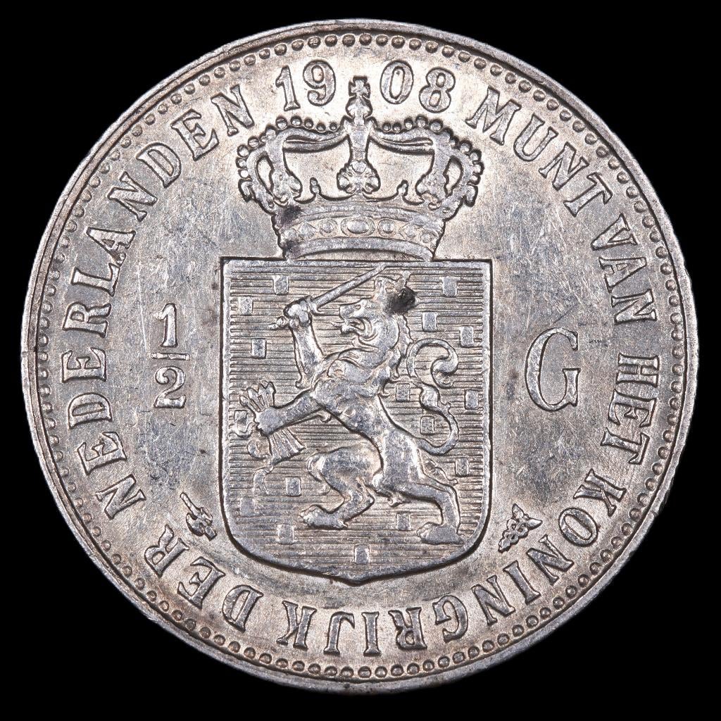 Halve gulden 1908. Zfr/ Pr., ½ gulden, Zilver, Ophalen of Verzenden, Koningin Wilhelmina