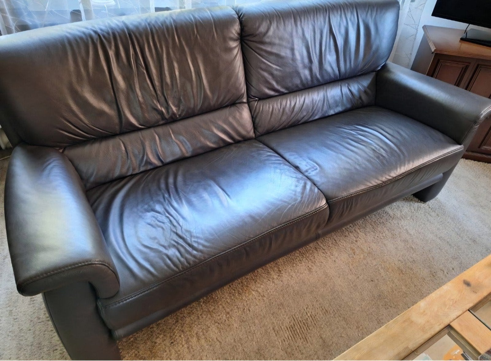 Leren bank met 2 fauteuils, Ophalen, Gebruikt, 150 tot 200 cm, Tweepersoons
