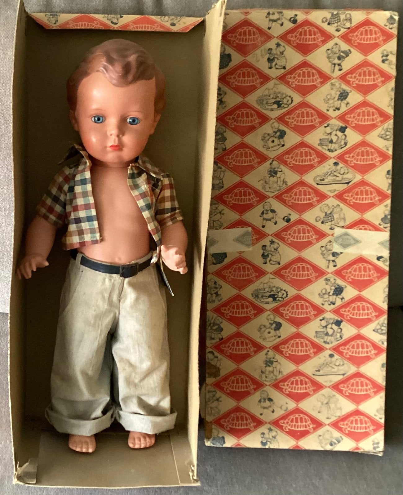 Antieke celluloid Schildkröt HANS pop.44 cm,OVP met doos, Verzamelen, Poppen, Ophalen