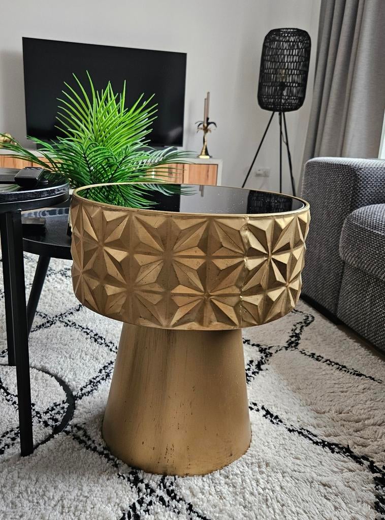 Besta bijzettafel rond goud met donker glas dia 40cm, Minder dan 55 cm, Modern, Luxe, Glamour, Metaal of Aluminium, Rond