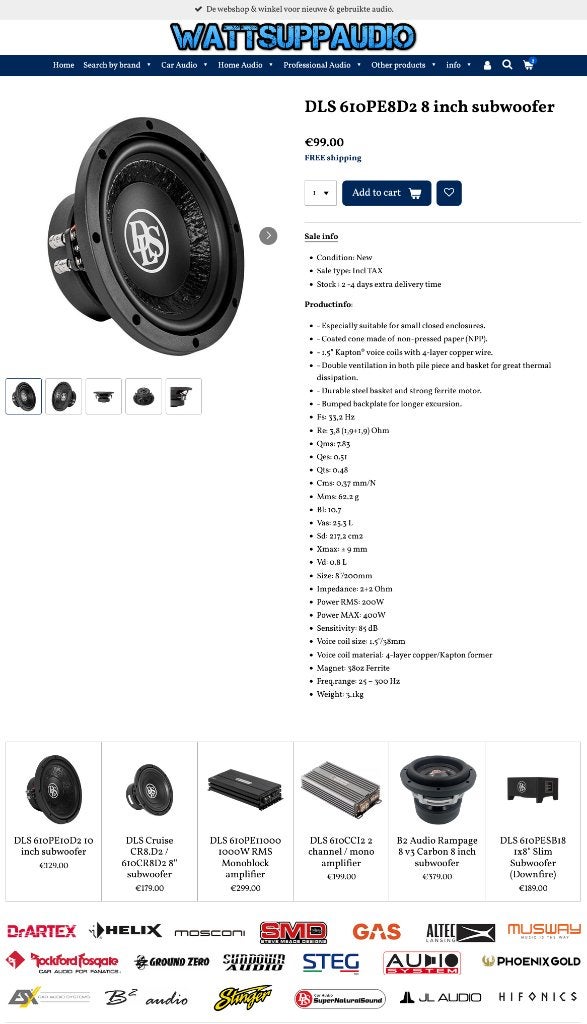 DLS 610PE8D2 8 inch subwoofer 20 cm SQ, Auto diversen, Info@optimount.nl, Nieuw, Ophalen of Verzenden, Anholtseweg 48A 7091 HB DINXPERLO