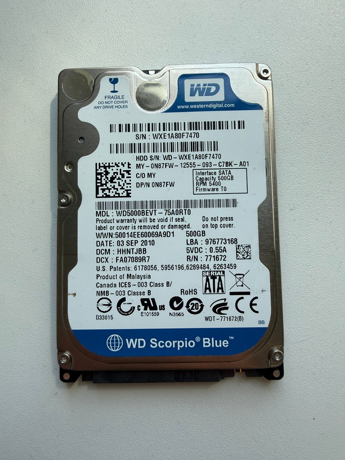 WD Scorpio Blue 500GB 2.5” SATA HDD – Goed werkend, Computers en Software, Intern, Gebruikt, Ophalen of Verzenden, Desktop