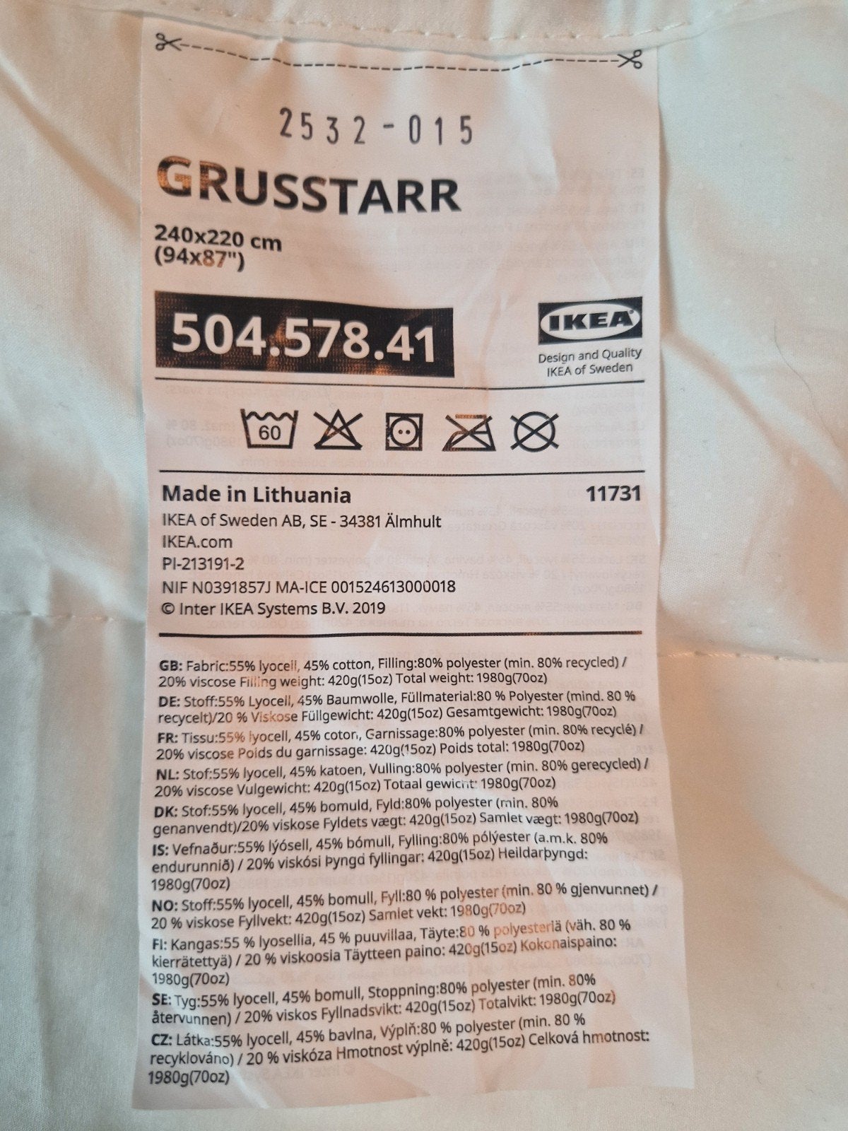 IKEA GRUSSTARR Dekbed 240x220 cm koel, Ophalen, Wit, Katoen, Tweepersoons