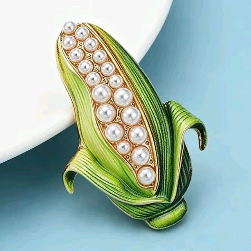 Nieuwe Broche Maïskolf met Parelmoer, Overige materialen, 4 tot 7 cm, Nieuw, Ophalen of Verzenden