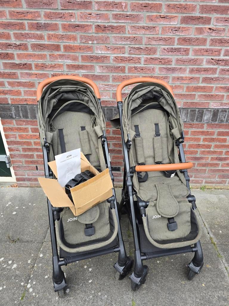 Tweeling buggy Puck Join groen met adapters, Gebruikt, Duowagen, Combiwagen, Ophalen