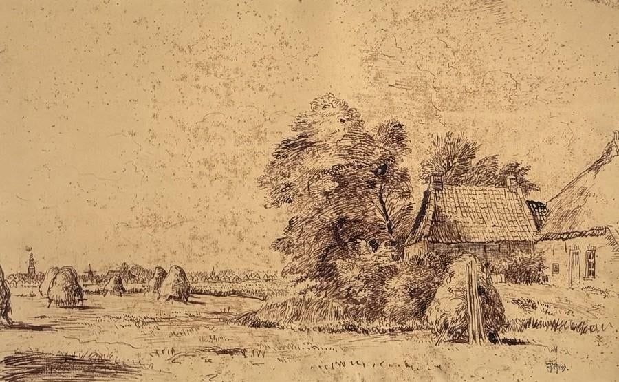 1484. Pentekening, Riekele Prins - Landschap, ca. 1935, Antiek en Kunst, Kunst | Schilderijen | Klassiek, Ophalen of Verzenden
