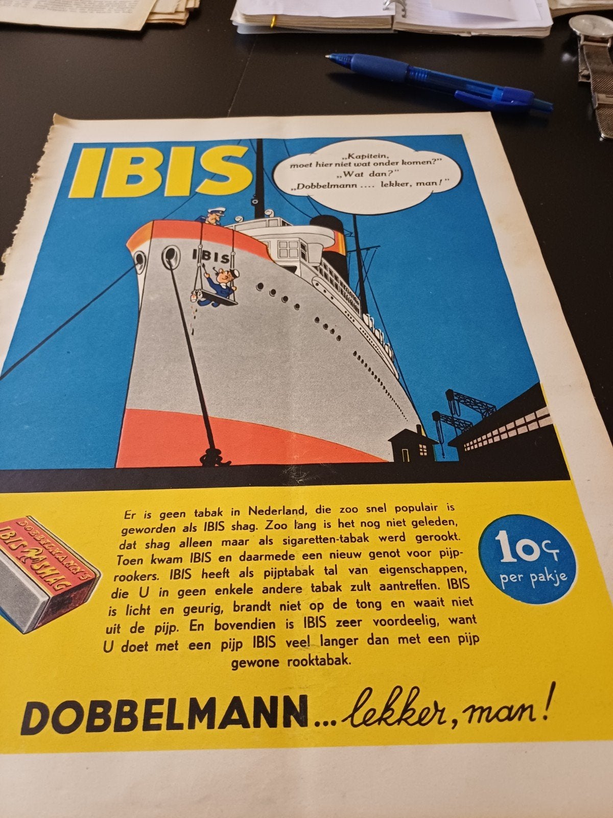 paginagrote kleuren advertentie Ibis shag Dobbelmann 1939, Verzamelen, Rookartikelen, Aanstekers en Luciferdoosjes, Ophalen of Verzenden