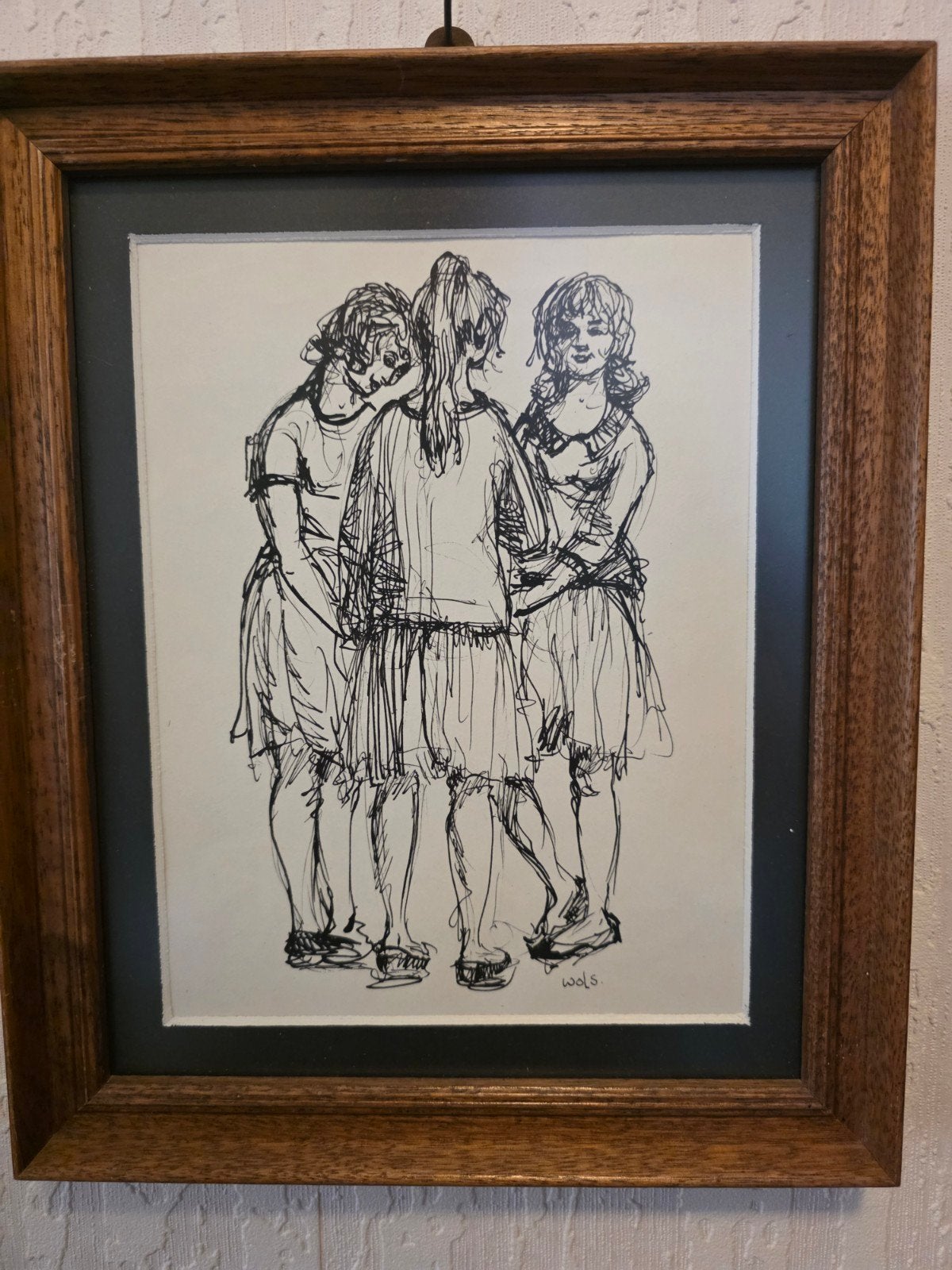 Tekening van Arie Wols (1945-1998) - Drie Meisjes, Ophalen of Verzenden, Tekening, Pentekening, Ingelijst