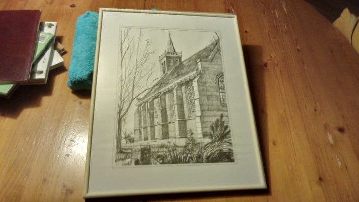 Ingelijste ets van ws de ruïne kerk van Oude Niedorp, 50x40, Ophalen of Verzenden, Ets, Overige technieken, Ingelijst