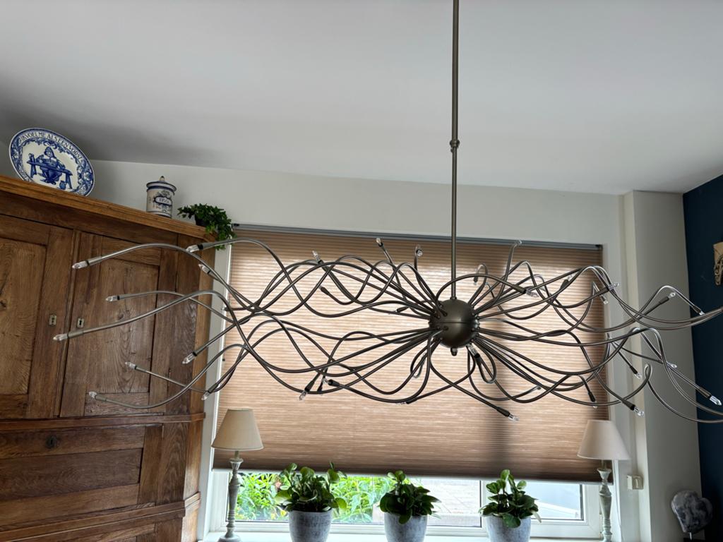 Design Hanglamp RVS Halogeen Dimbaar - Handgemaakt.  1.30m, Huis en Inrichting, Lampen | Hanglampen, Ophalen, Zo goed als nieuw