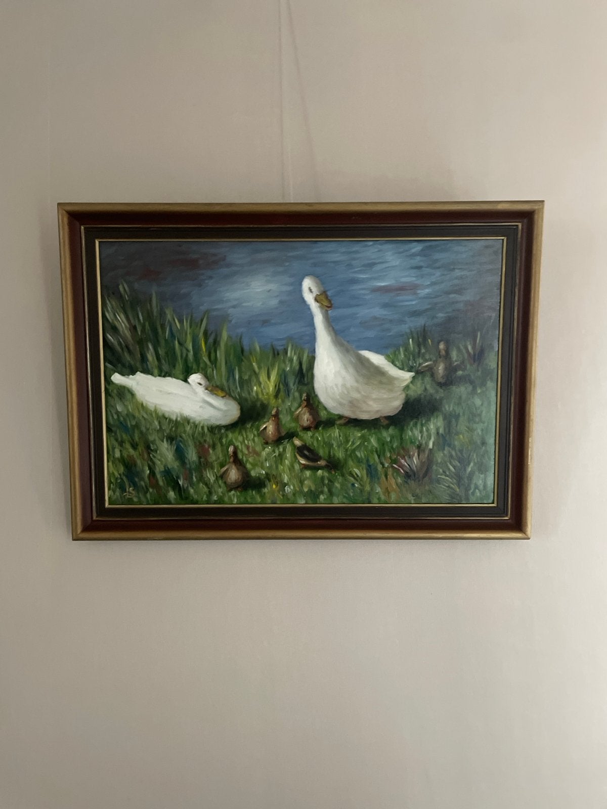 Schilderij Eendenfamilie aan het water, Doek, Realistisch, Dieren, Ophalen of Verzenden