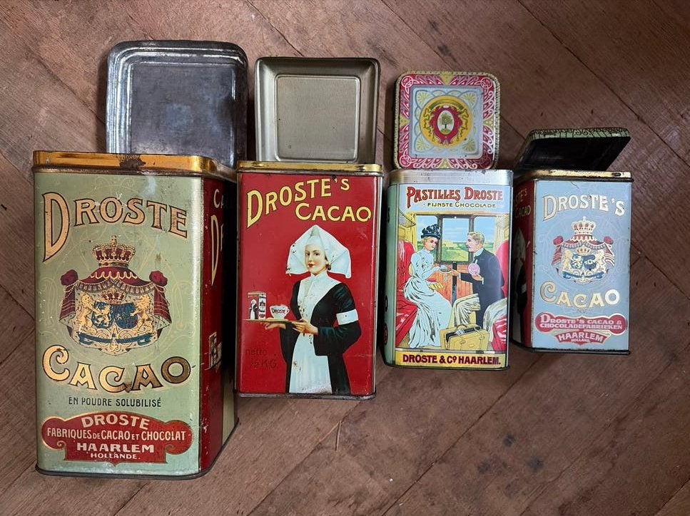 Vintage Droste Cacao Blikken - Set van 4, Verzamelen, Verzenden, Gebruikt, Overige, Droste