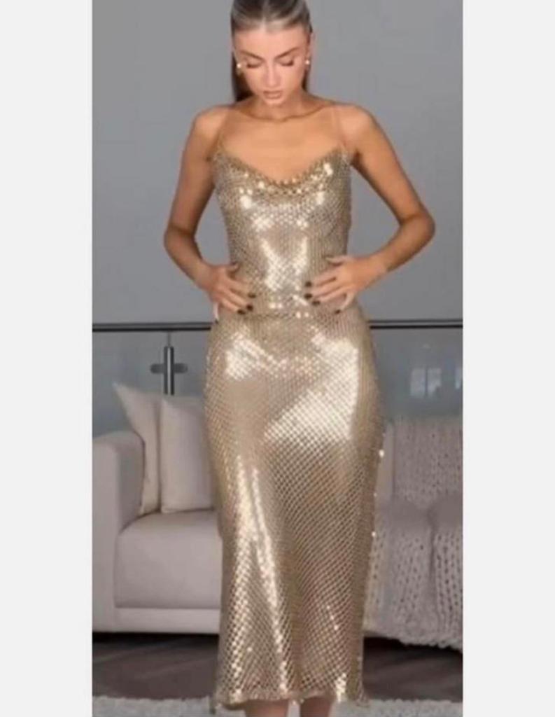 Zara Mesh Slip Midi Dress Gold Goud Metallic M NIEUW Jurk, Maat 38/40 (M), Galajurk, Overige kleuren, Nieuw
