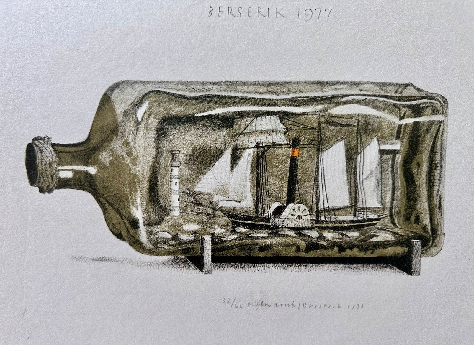 H. Berserik; litho; Scheepje In Fles. 32/60, 1977., Antiek en Kunst, Verzenden, Overige onderwerpen, Lithografie, Gelimiteerde oplage