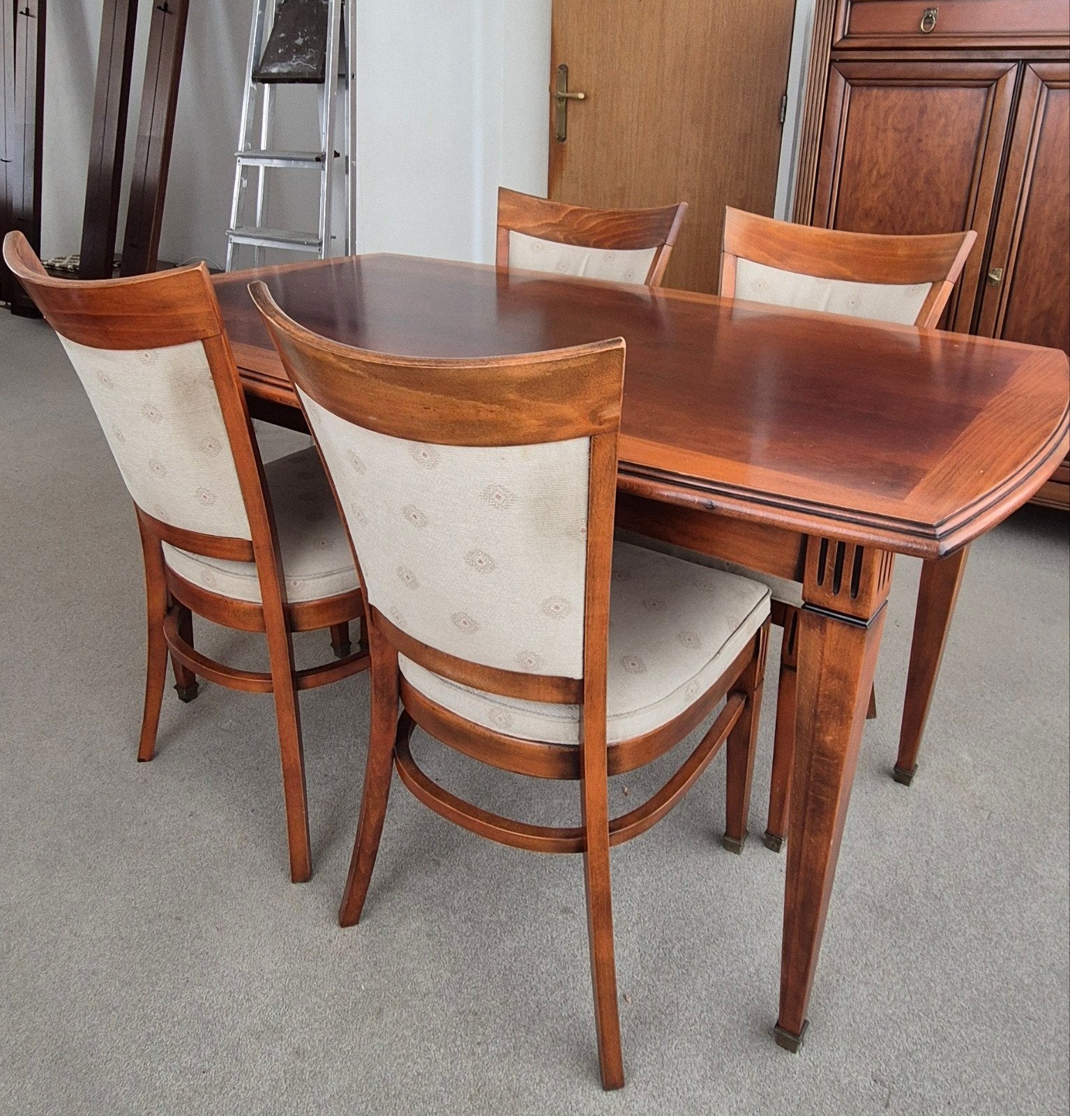 Mahoniehouten eethoek: tafel met 4 stoelen, Ophalen, Gebruikt, 100 tot 150 cm, 50 tot 100 cm