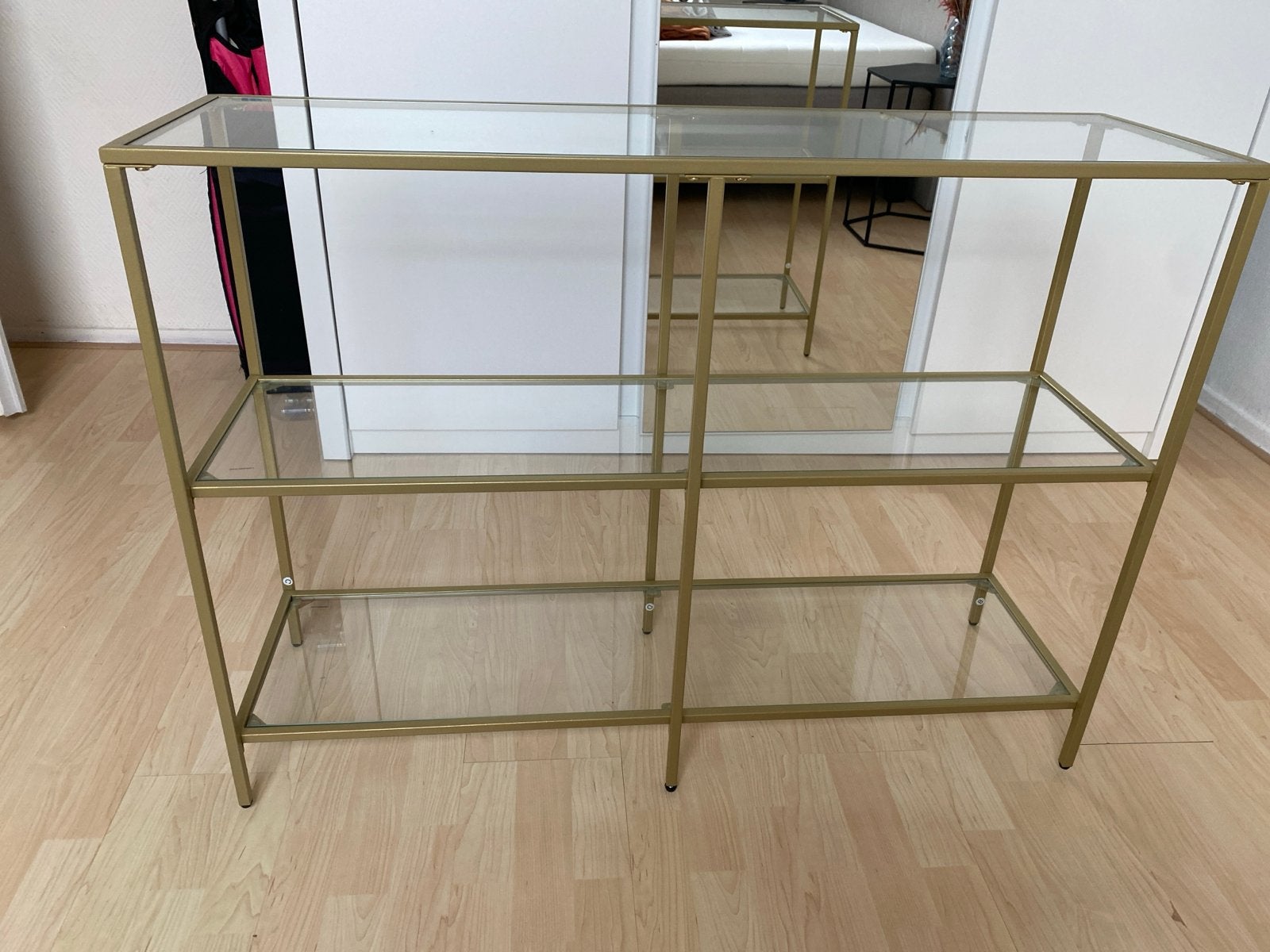 Gouden console tafel met glazen planken, Ophalen, Zo goed als nieuw