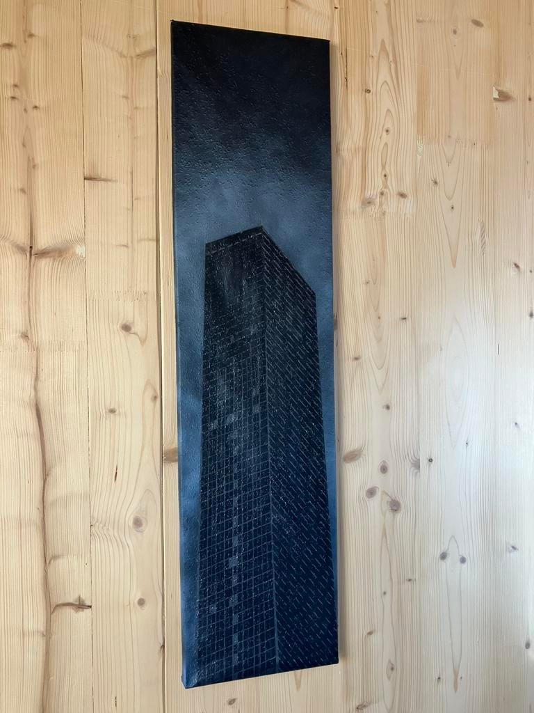 ‘Skyscraper in clouds’ modern realistisch schilderij, Antiek en Kunst, Ophalen of Verzenden