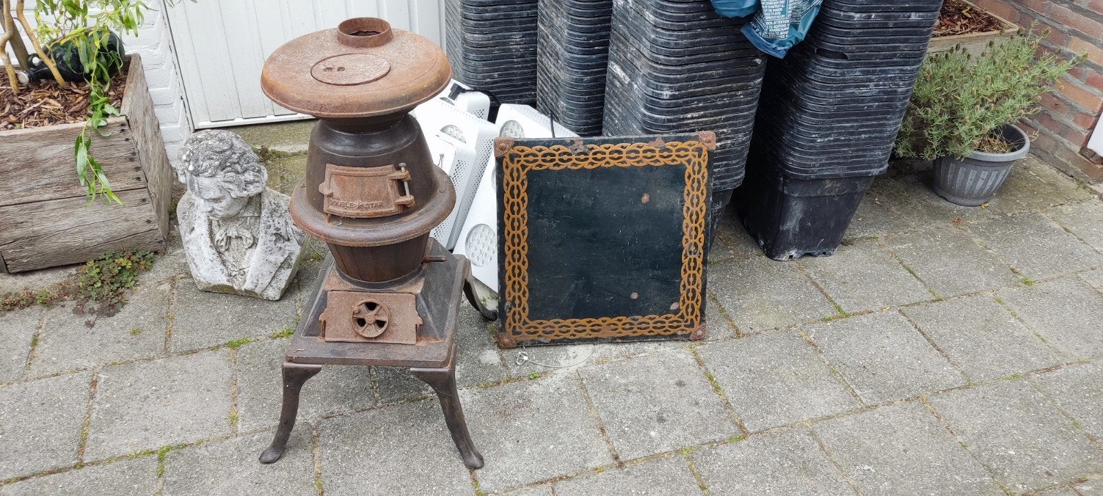 Potkachel double star gietijzer incl plaat, Ophalen, Hout, Houtkachel