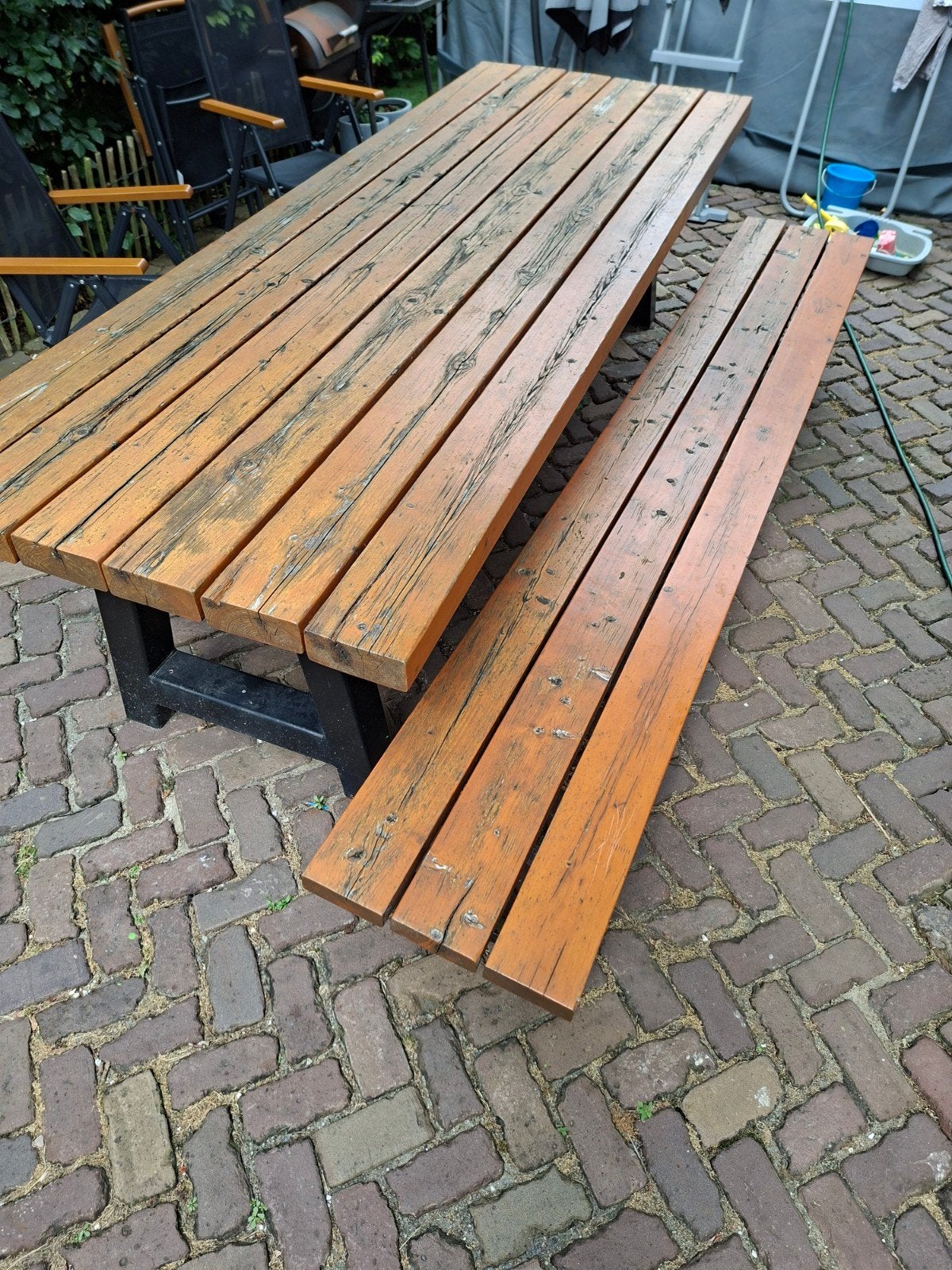 Tuintafel en bank - 3 meter lang, 1.1 meter breed, Ophalen, Gebruikt, Rechthoekig, Hout