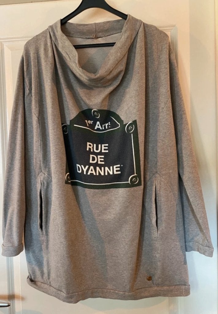 Grijze trui met 'Rue de Dyanne' print (Dyanne Beekman), Maat 42/44 (L), Ophalen of Verzenden, Zo goed als nieuw, Grijs