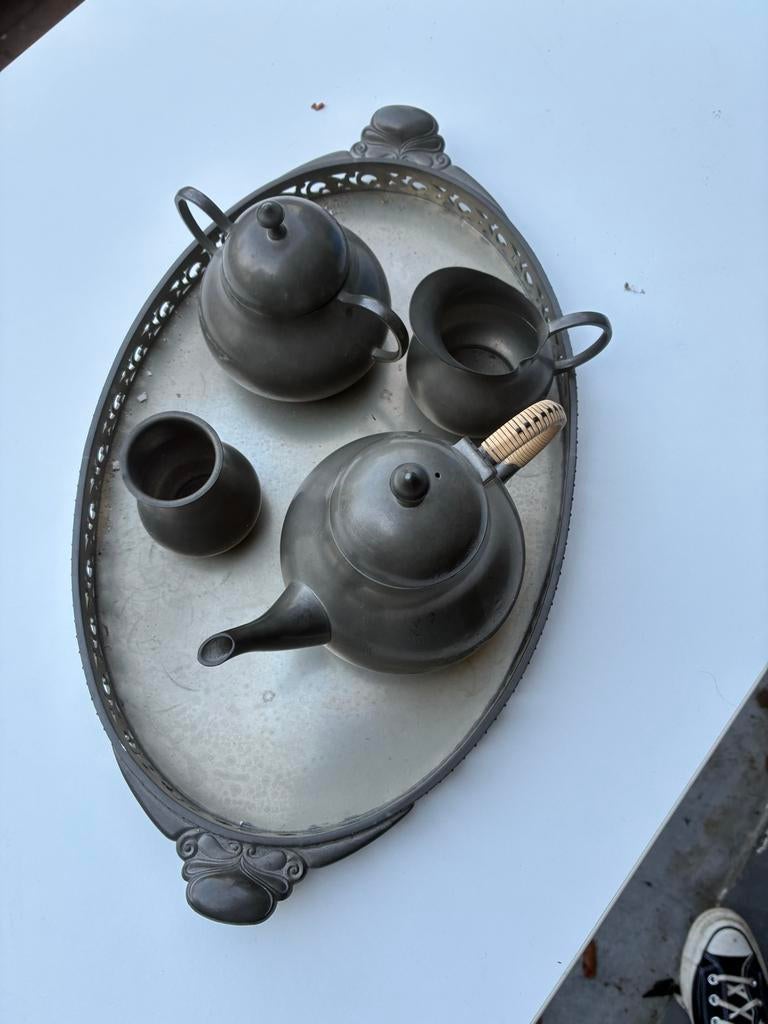 Vintage tinnen theeservies op dienblad, Ophalen of Verzenden