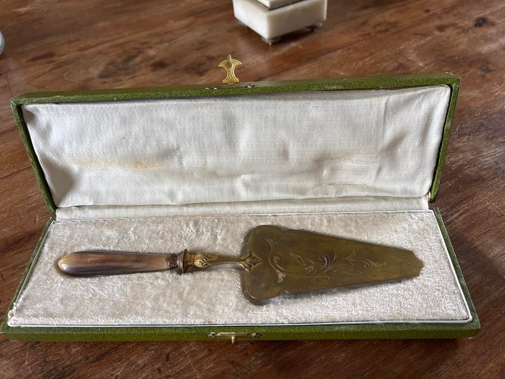 Antieke taartschep in originele doos. Metaal met been., Antiek en Kunst, Antiek | Bestek, Ophalen