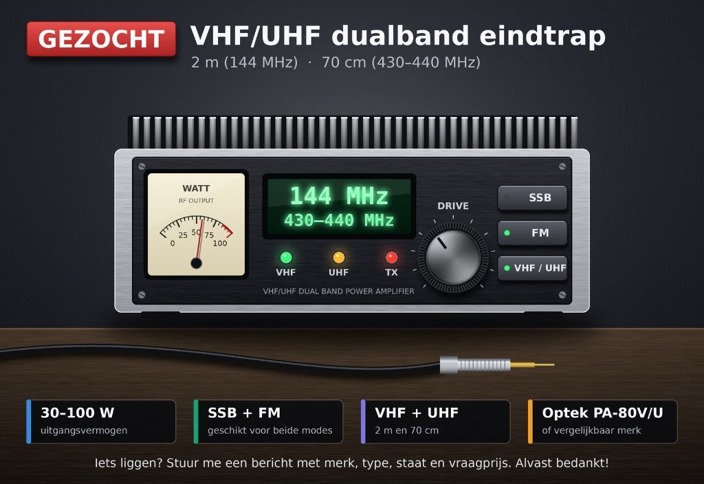 gezocht | dualband VHF/UHF-eindtrap voor 144 en 430 MHz, Ophalen of Verzenden, Zo goed als nieuw, Zender en Ontvanger